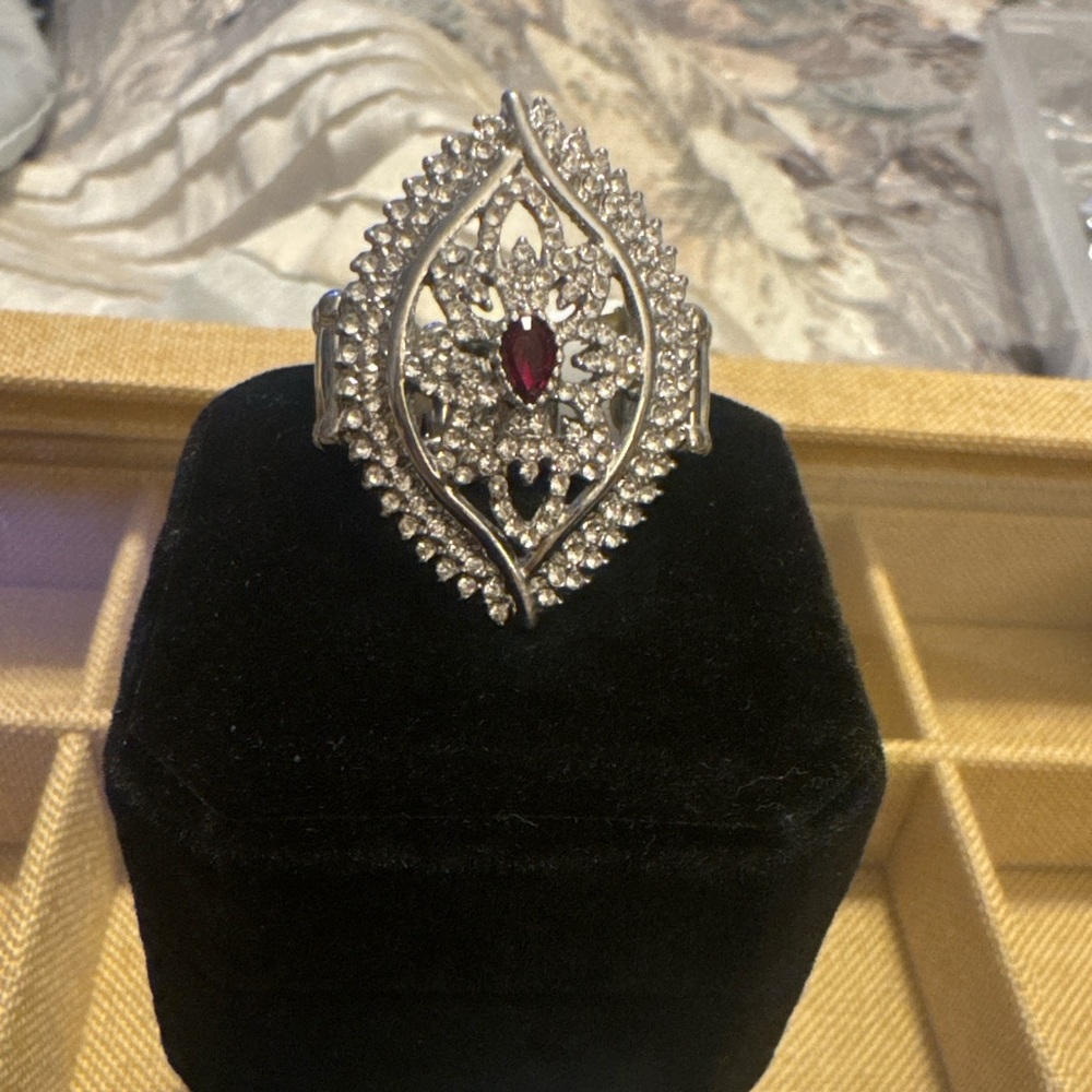 Marquise Statement Ring with Ruby Red Gem & Crystal Filigree Design